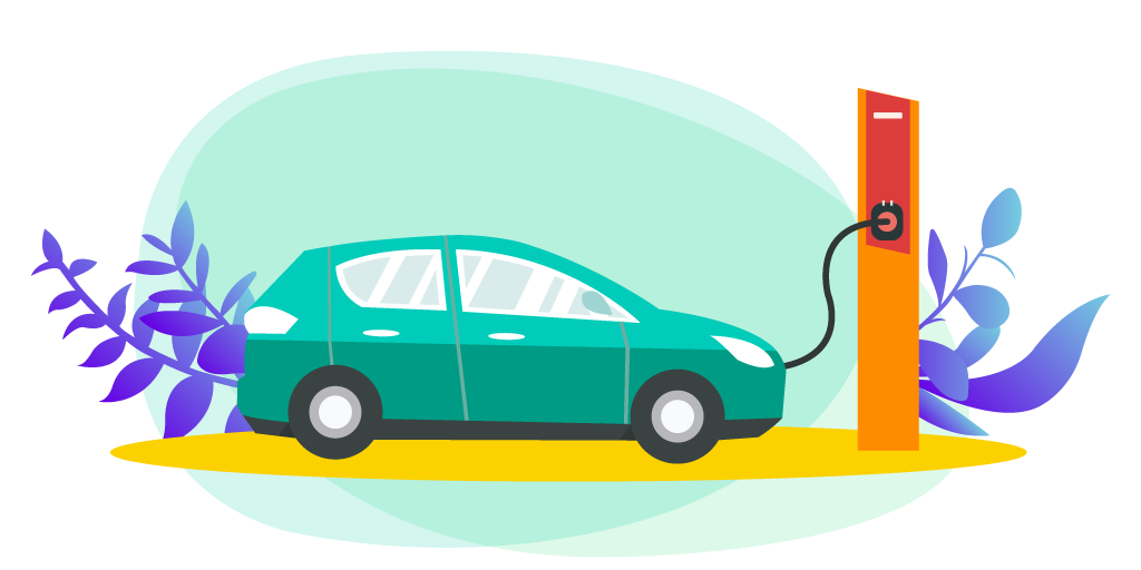 Illustration of an electric car plugged into its charging station