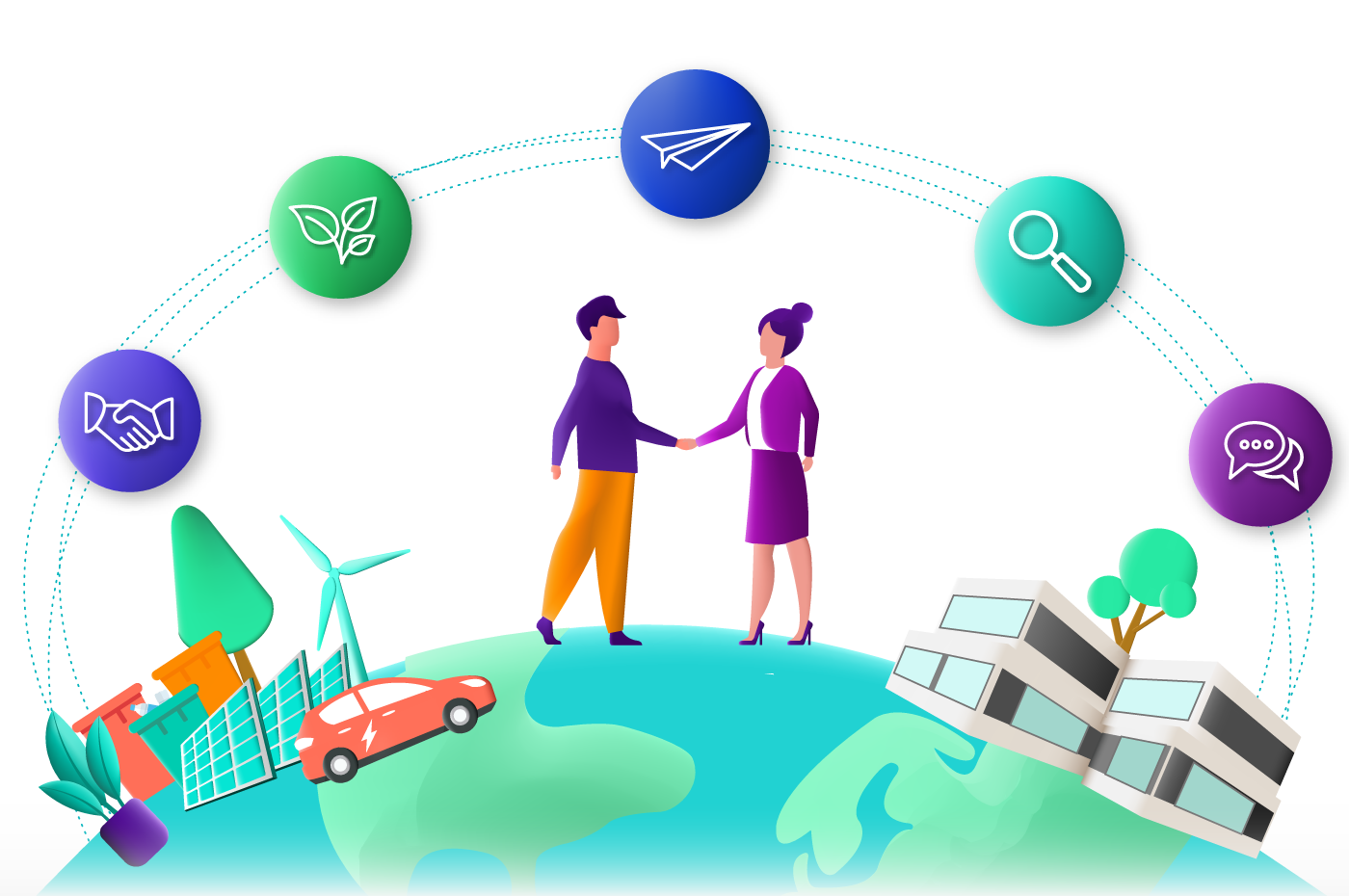 Illustration of the Takagreen website showing the connection between buyers and suppliers of eco-responsible solutions