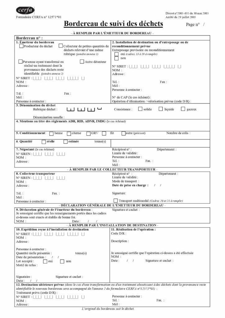 Bordereau de suivi des déchets officiel page 1