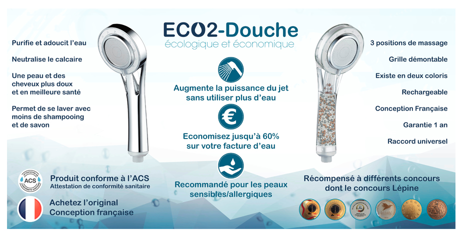 Eco 2 Douche : Pommeau économiseur et purificateur d'eau - Takagreen